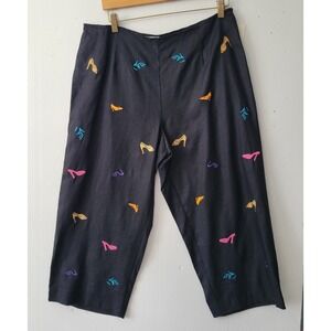 Embroidered Linen Pants Women's Size 14P Black Hi Heel Shoe Print. Dress up/Down